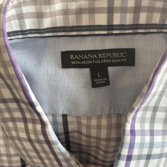 Banana Republic Men’s Large Button Down Shirt White Purple Blue Plaid Preppy - Picture 3 of 3